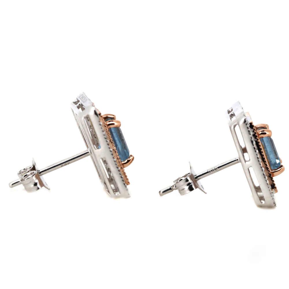 White Gold Aquamarine and Pink Sapphire Halo Stud Earrings