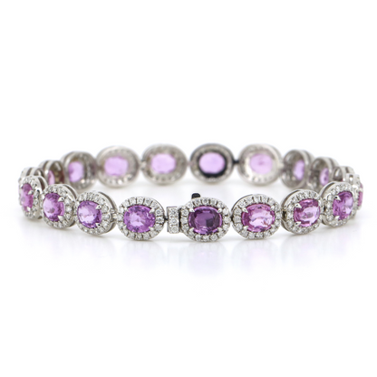 14.08ct White Gold, Pink Sapphire and Diamond, Halo Bracelet