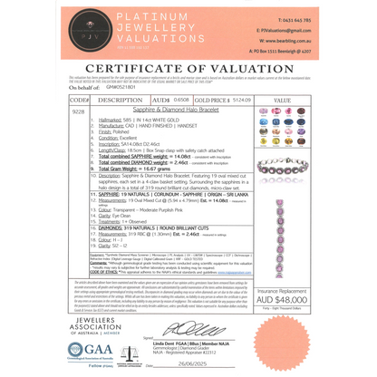 14.08ct White Gold, Pink Sapphire and Diamond, Halo Bracelet