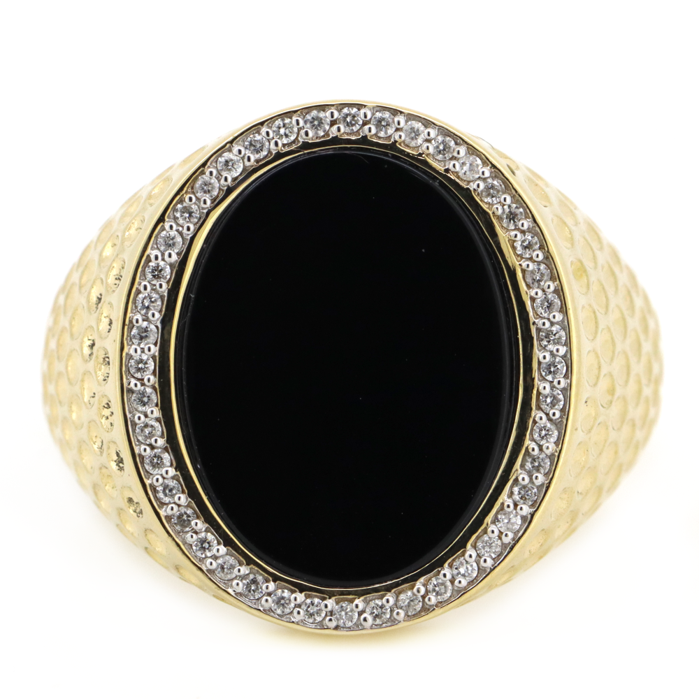 Yellow Gold Black Onyx and Diamond Gents Ring