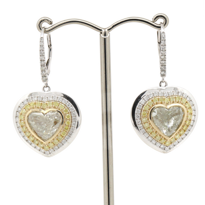 5.47ct Yellow/White Gold Diamond Double Halo Heart Earrings