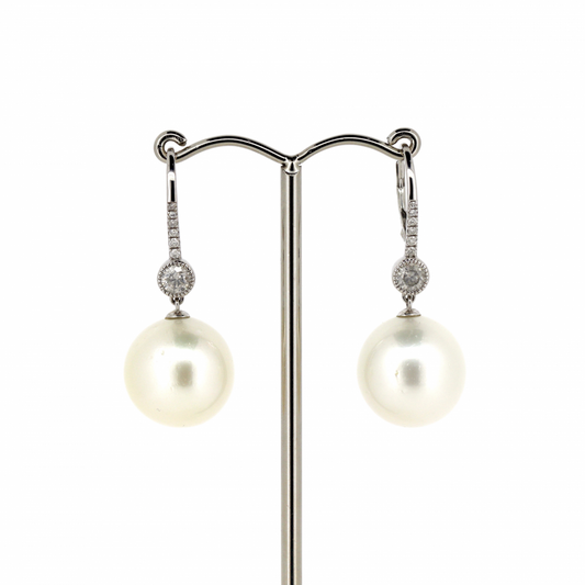 White Gold White Cultured South Sea Pearl and Diamond Drop Earrings
