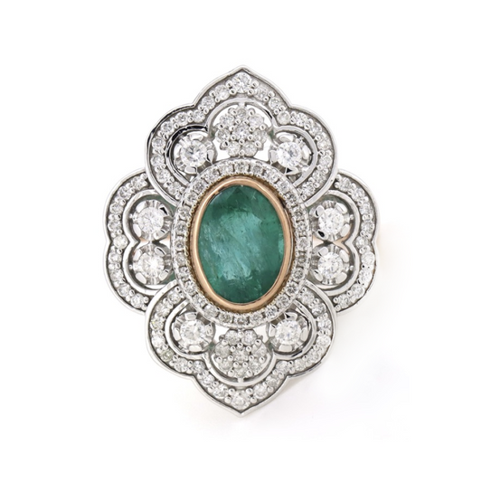 Rose/White Gold Emerald & Diamond Antique Inspired Ring