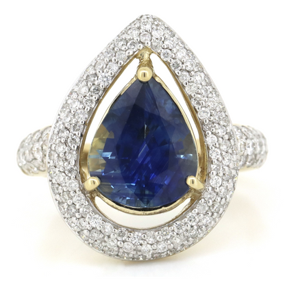 Yellow Gold, 3.95ct Ceylon Sapphire and Diamond, Halo Cluster Ring