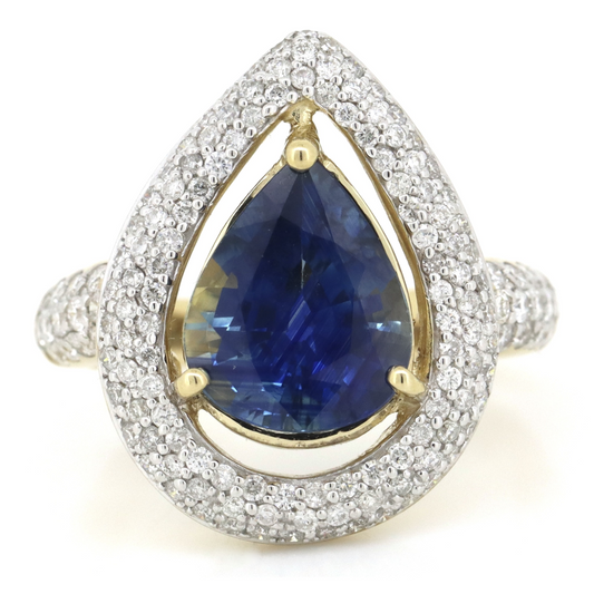 Yellow Gold, 3.95ct Ceylon Sapphire and Diamond, Halo Cluster Ring