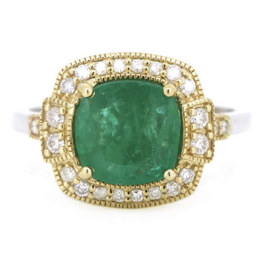 2.04ct White & Yellow Gold Emerald and Diamond Vintage Inspired Ring