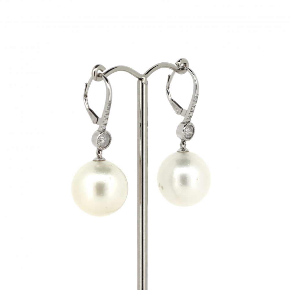 White Gold White Cultured South Sea Pearl and Diamond Drop Earrings