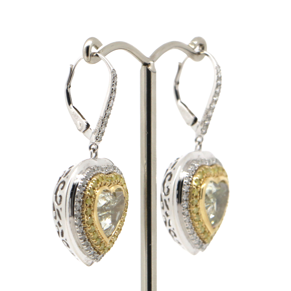 5.47ct Yellow/White Gold Diamond Double Halo Heart Earrings