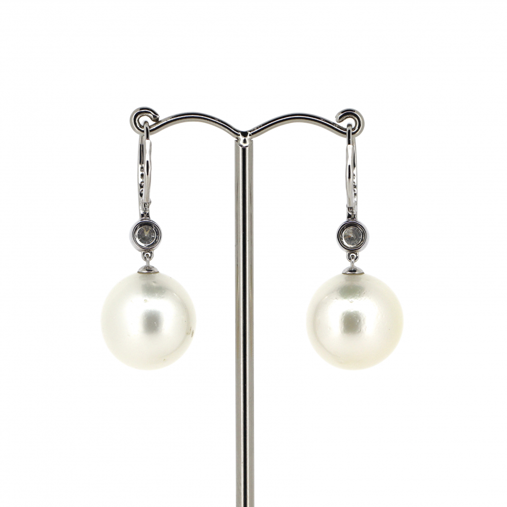 White Gold White Cultured South Sea Pearl and Diamond Drop Earrings