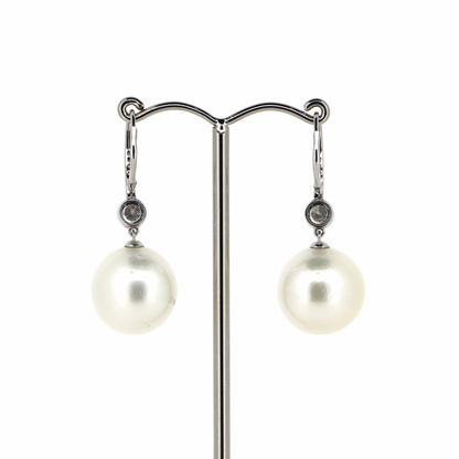 White Gold White Cultured South Sea Pearl and Diamond Drop Earrings