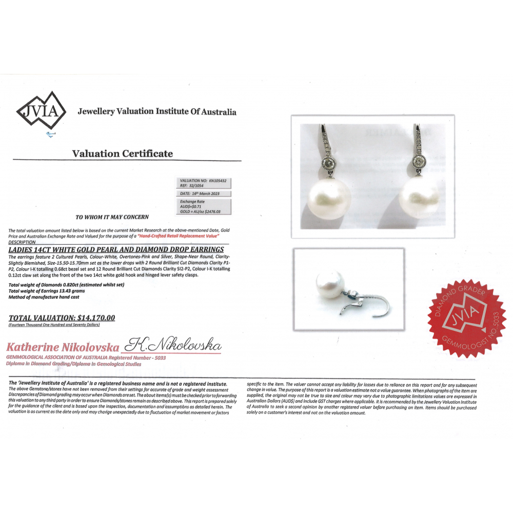 White Gold White Cultured South Sea Pearl and Diamond Drop Earrings
