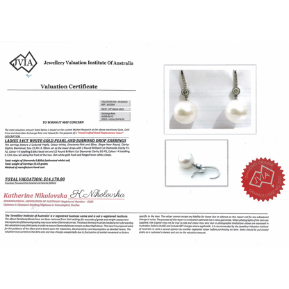 White Gold White Cultured South Sea Pearl and Diamond Drop Earrings