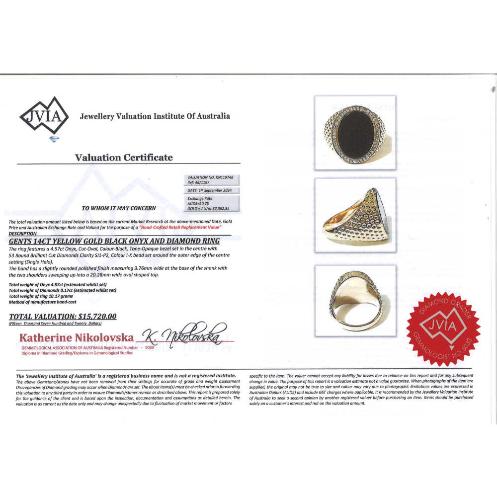 Yellow Gold Black Onyx and Diamond Gents Ring