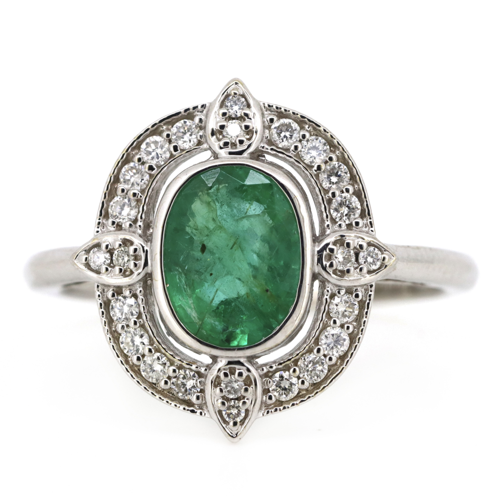 1.19ct White Gold Emerald and Diamond Halo Ring