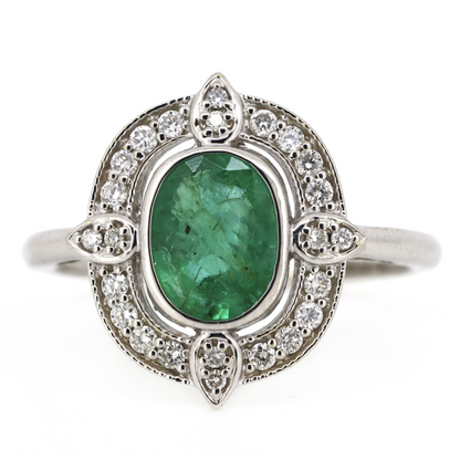 1.19ct White Gold Emerald and Diamond Halo Ring