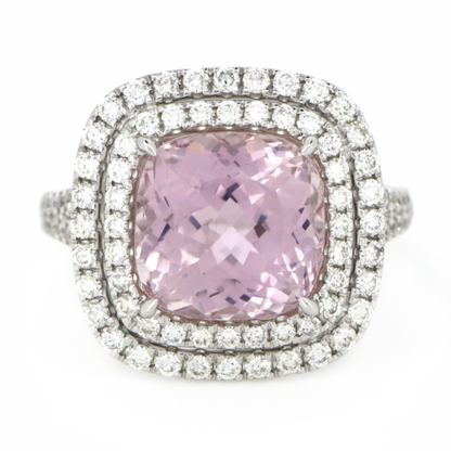 White Gold Kunzite & Diamond Double Halo Ring
