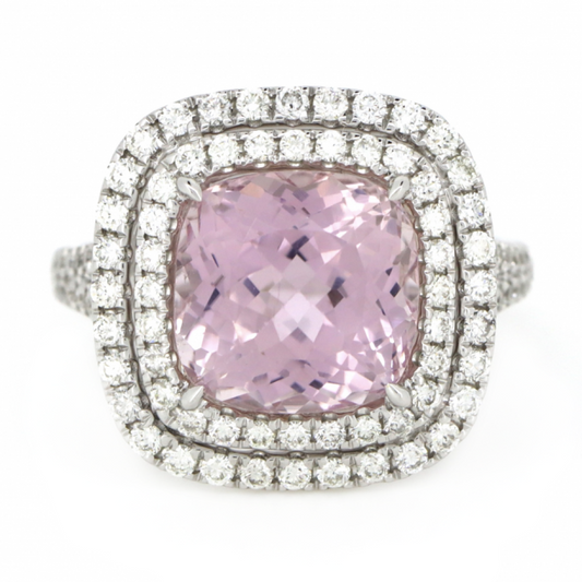 White Gold Kunzite & Diamond Double Halo Ring