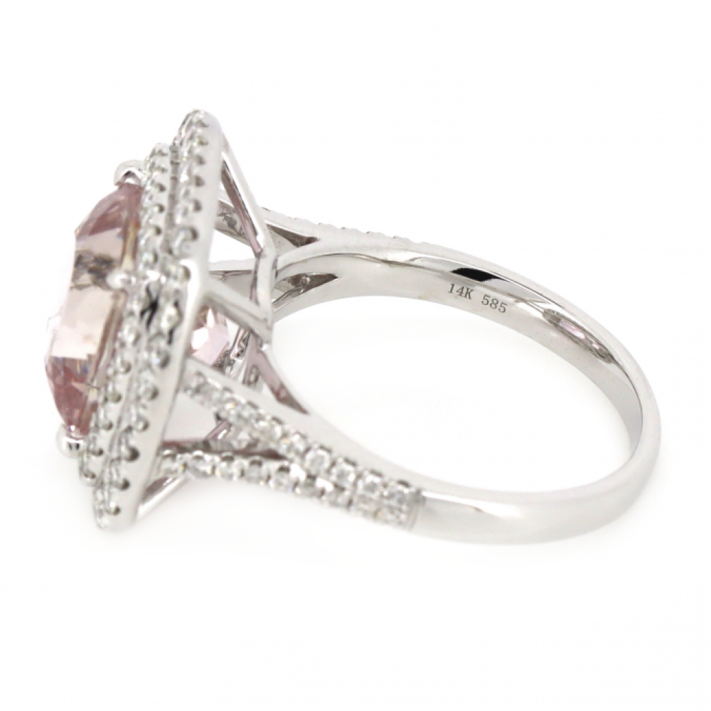 White Gold Kunzite & Diamond Double Halo Ring