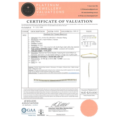 9K Yellow Gold, 2.50ct Diamond, Tennis Bracelet