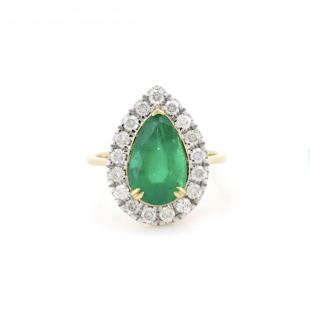 Pear Cut Emerald and Diamond Halo Ring