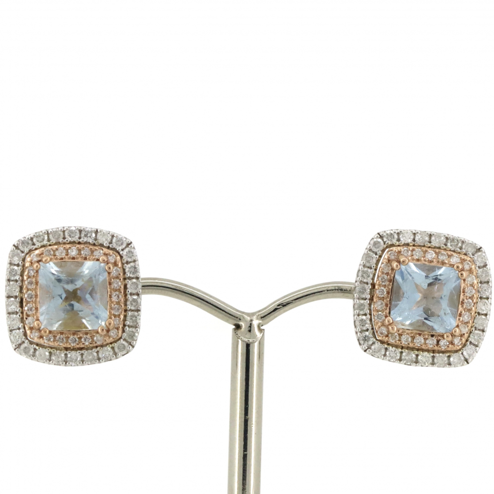 White and Rose Gold Aquamarine and Diamond Halo Stud Earrings