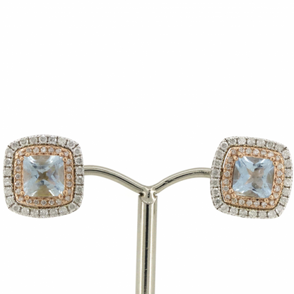 White and Rose Gold Aquamarine and Diamond Halo Stud Earrings