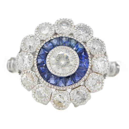 White Gold Sapphire and Diamond Halo Ring