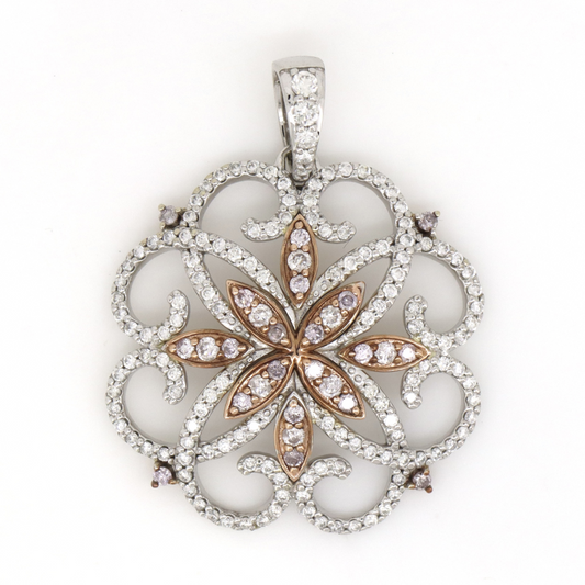 White/Rose Gold, Pink Diamond and Diamond, Decorative Halo Pendant