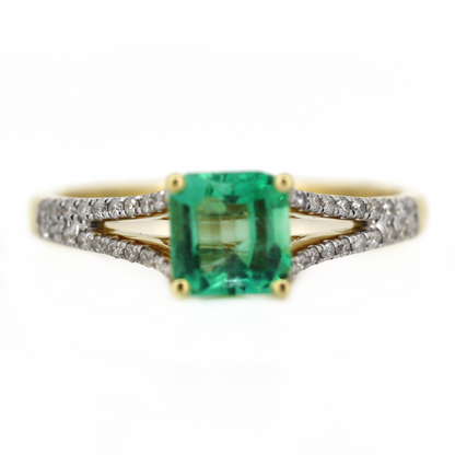 Yellow Gold 0.78ct Colombian Emerald and Diamond Split Band Dress Ring