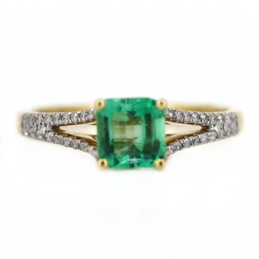 Yellow Gold 0.78ct Colombian Emerald and Diamond Split Band Dress Ring