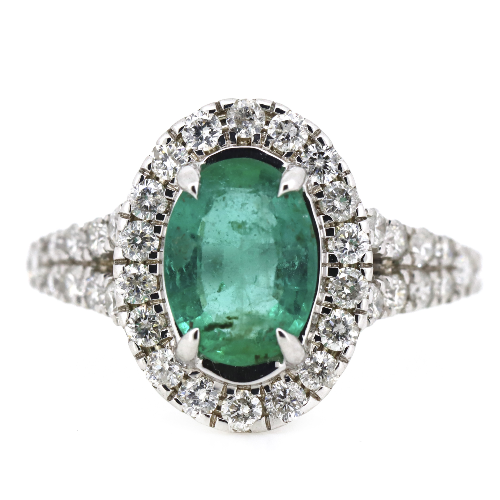 1.35ct White Gold Emerald and Diamond Halo Ring
