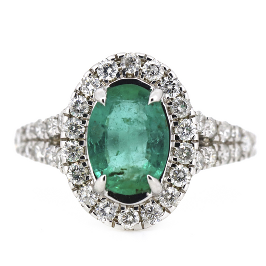 1.35ct White Gold Emerald and Diamond Halo Ring