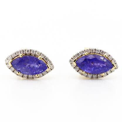 Yellow Gold Tanzanite and Diamond Marquise Halo Stud Earrings