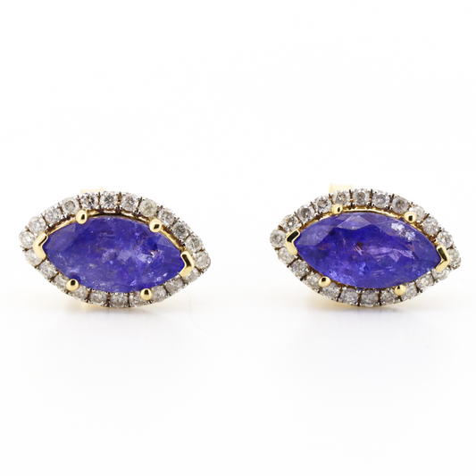 Yellow Gold Tanzanite and Diamond Marquise Halo Stud Earrings