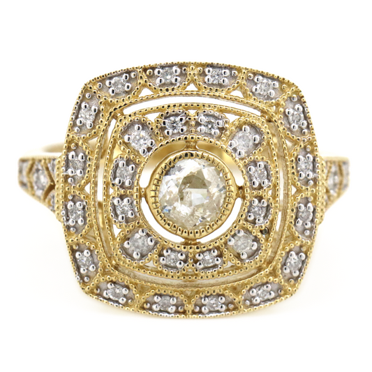 Yellow Gold Old Mine Cut Diamond Double Halo Ring