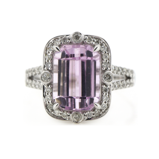 5.58ct White Gold Kunzite & Diamond Halo Split Band Ring