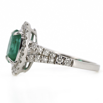 1.35ct White Gold Emerald and Diamond Halo Ring