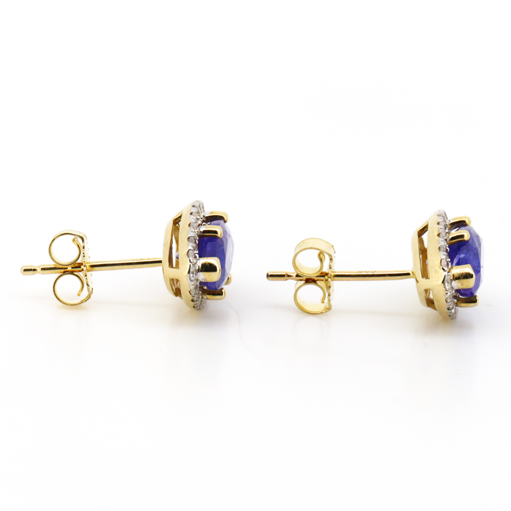 Yellow Gold Tanzanite and Diamond Marquise Halo Stud Earrings