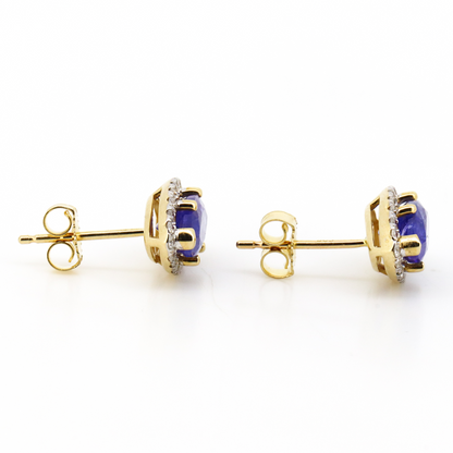 Yellow Gold Tanzanite and Diamond Marquise Halo Stud Earrings