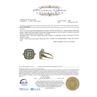 Yellow Gold Old Mine Cut Diamond Double Halo Ring