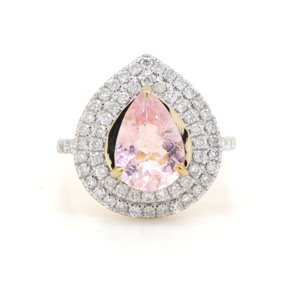 1.66ct Yellow Gold Morganite and Diamond Double Halo Statement Ring