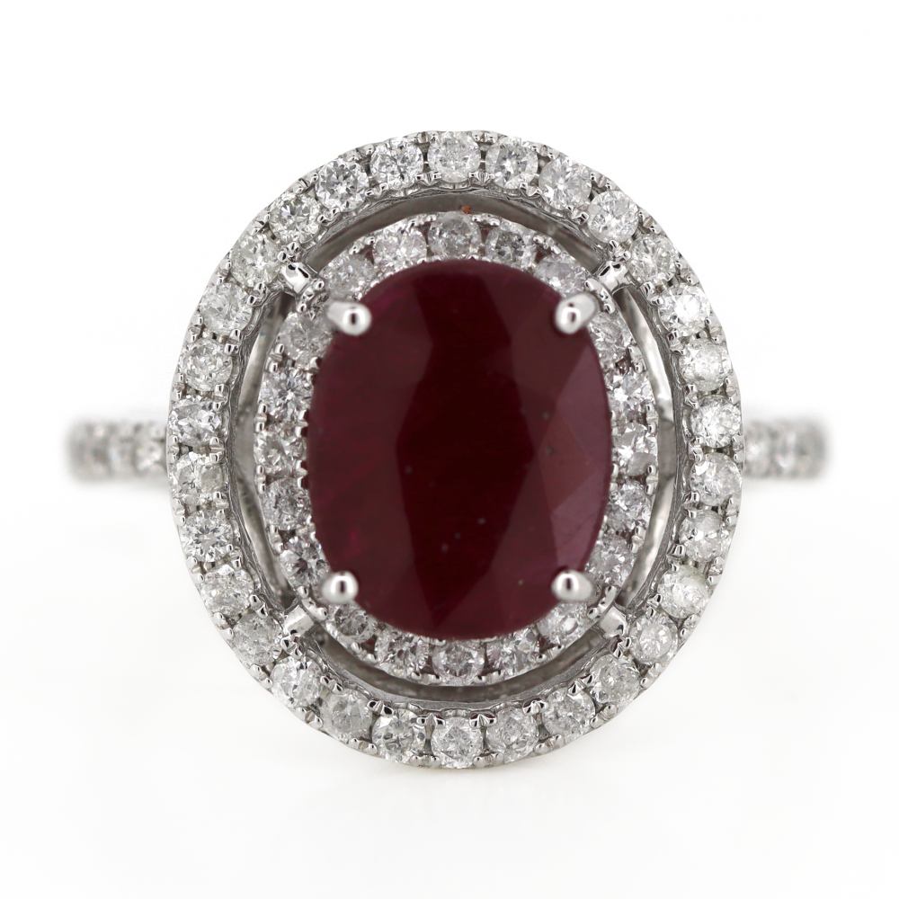 2.93ct White Gold Ruby and Diamond Double Halo Ring