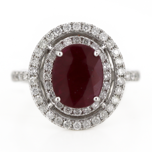 2.93ct White Gold Ruby and Diamond Double Halo Ring