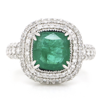 2.28ct White Gold, Emerald and Diamond, Cluster Halo Ring