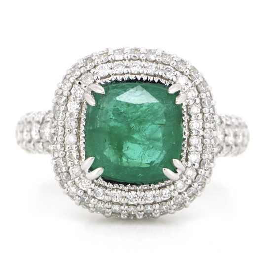 2.28ct White Gold, Emerald and Diamond, Cluster Halo Ring