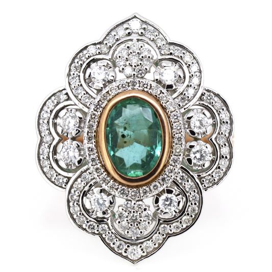1.13ct Rose/White Gold Emerald and Diamond Ornate Statement Ring
