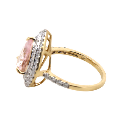 1.66ct Yellow Gold Morganite and Diamond Double Halo Statement Ring