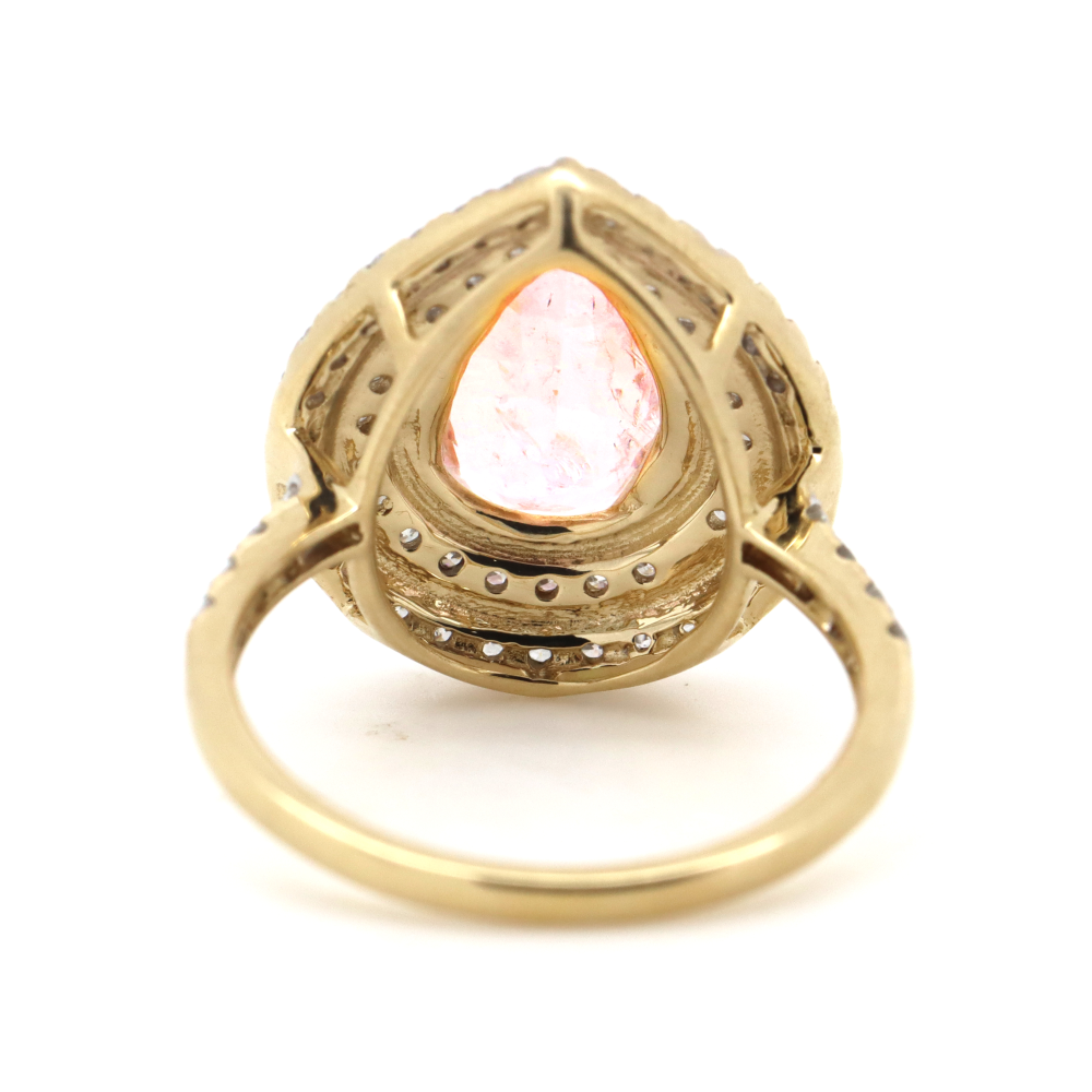 1.66ct Yellow Gold Morganite and Diamond Double Halo Statement Ring