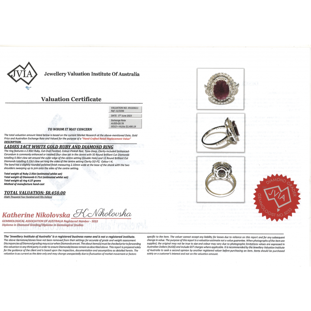 2.93ct White Gold Ruby and Diamond Double Halo Ring