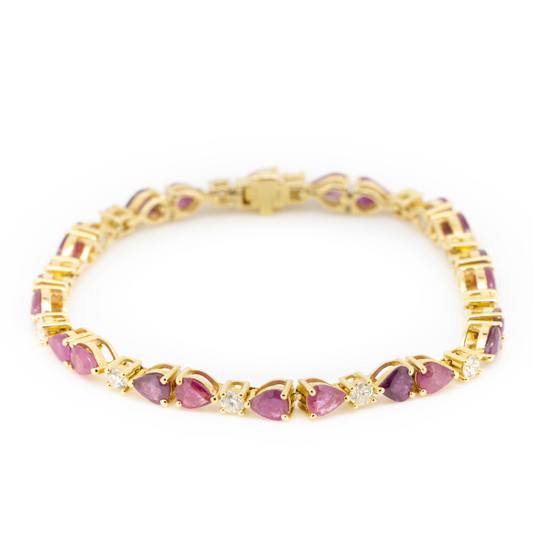 Yellow Gold Pear Cut Ruby and Diamond Line Bracelet